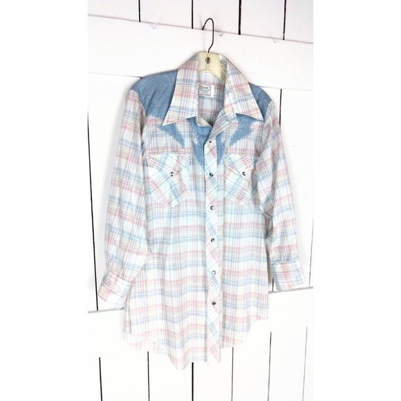 Vintage fancy yokes H Bar C California Ranch wear mens western plaid denim shirt - Picture 2 of 6